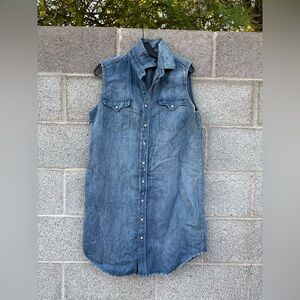 POLO Ralph Lauren Denim Shirt Dress Size 12 Pearl Snap Cotton Linen Sleeveless
